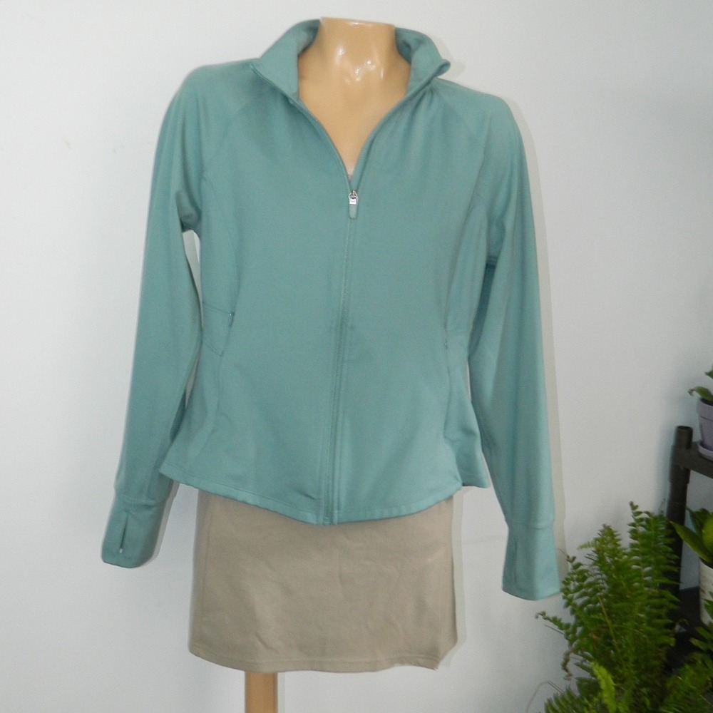 Jockey Full Zip Active Jacket Women Large Teal Blue Thumbhole Mock Neck